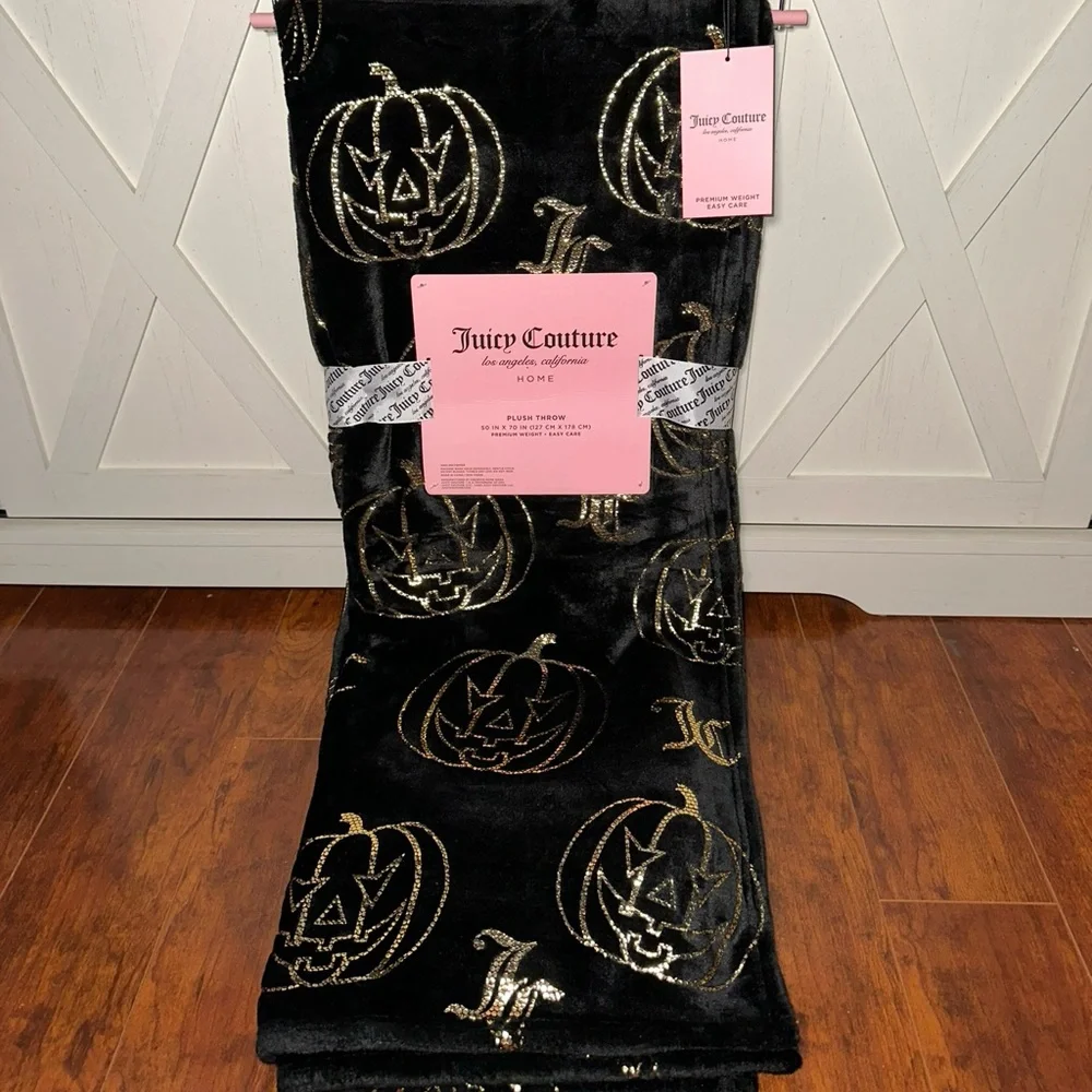 Juicy Couture Black and Gold Jack-o’-lantern Plush Throw Blanket